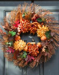 This is a Business Thanksgiving Greeting Card with an image of a Fall Wreath on a Door.